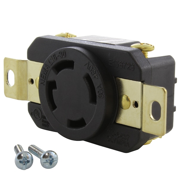 Ac Works Locking Receptacle, L16-30R, 30 A, 480V AC, Three Phase, 3 Pole, Flush Mount, Black FML1630R - main